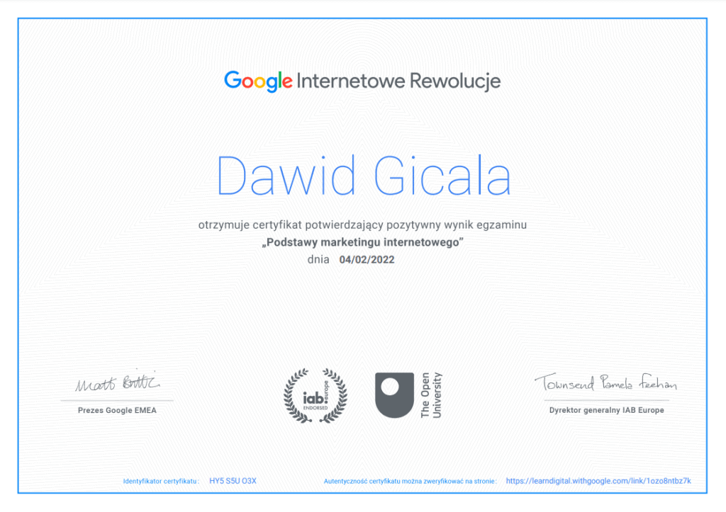 Certificate for internet marketing exam.
