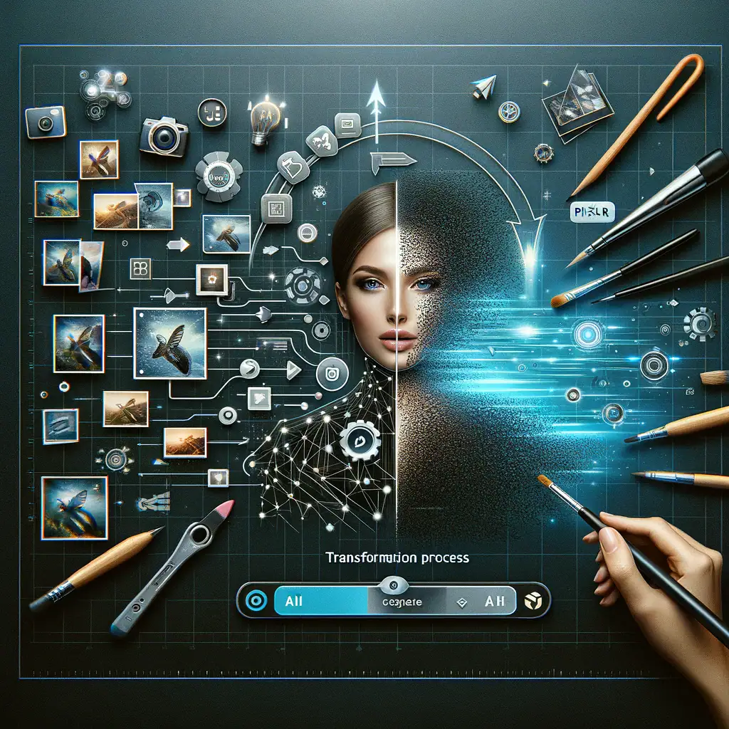 Digital art showing a woman’s face split into two halves, one pixelated and the other detailed, with tools and icons for digital editing.