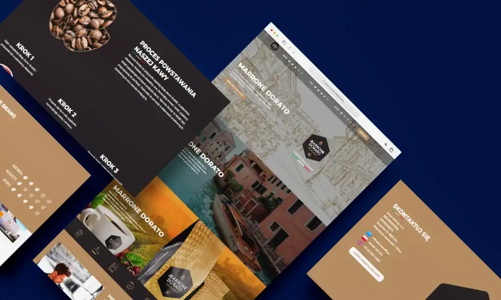 High-quality image of coffee beans, with website screenshots of a coffee brand's online store featured.