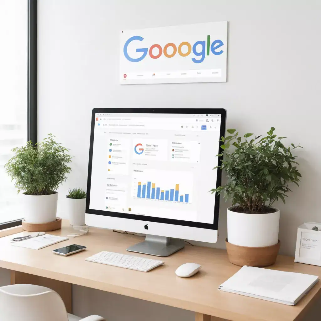 Alt text: Desktop computer displaying Google Analytics dashboard with charts and data, on a light wooden desk with potted plants.