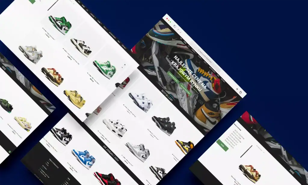 Online shop displaying diverse sneaker styles and colours for sale.