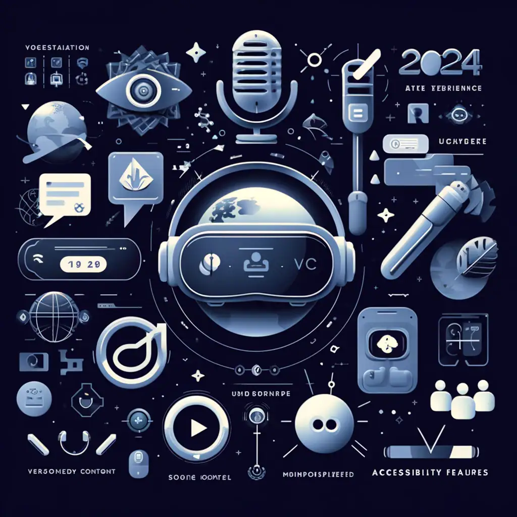 A virtual reality headset with holographic globe and digital icons floating around.
