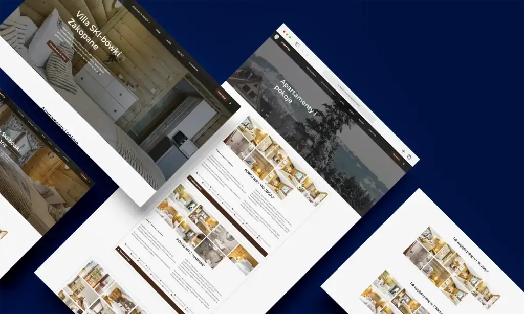 A screenshot of the Villa SKI-bowlki Zakopane website showing interior rooms and property details.