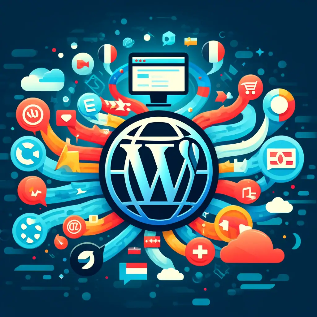 A colourful digital marketing illustration featuring WordPress logo surrounded by icons for social media, SEO, shopping cart, clouds, and communication.