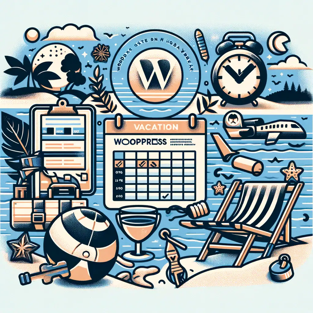 A seaside vacation scene with a calendar, clock, beach chair, ball, and travel gear.
