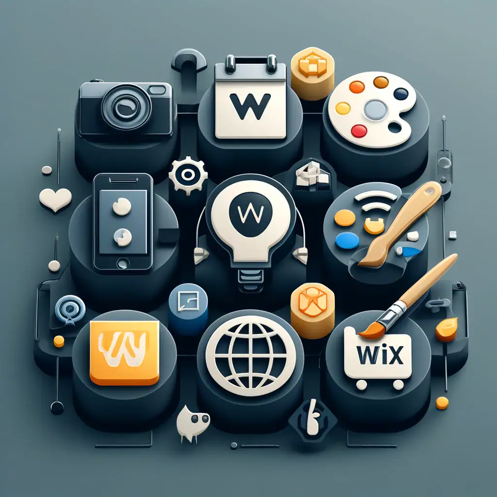 Icons of various web design and development apps, including Wix, a globe, and a camera.