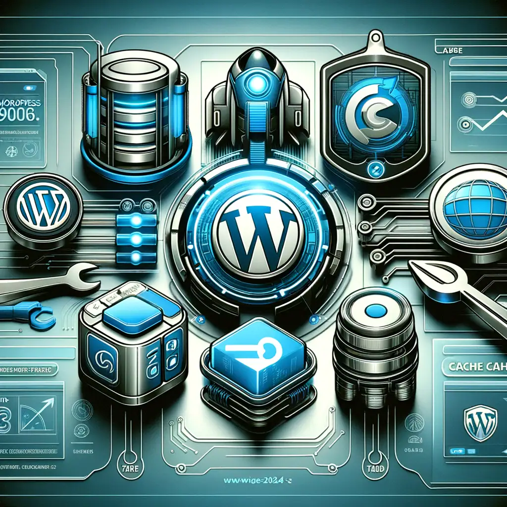 Futuristic WordPress central hub with server and security elements.