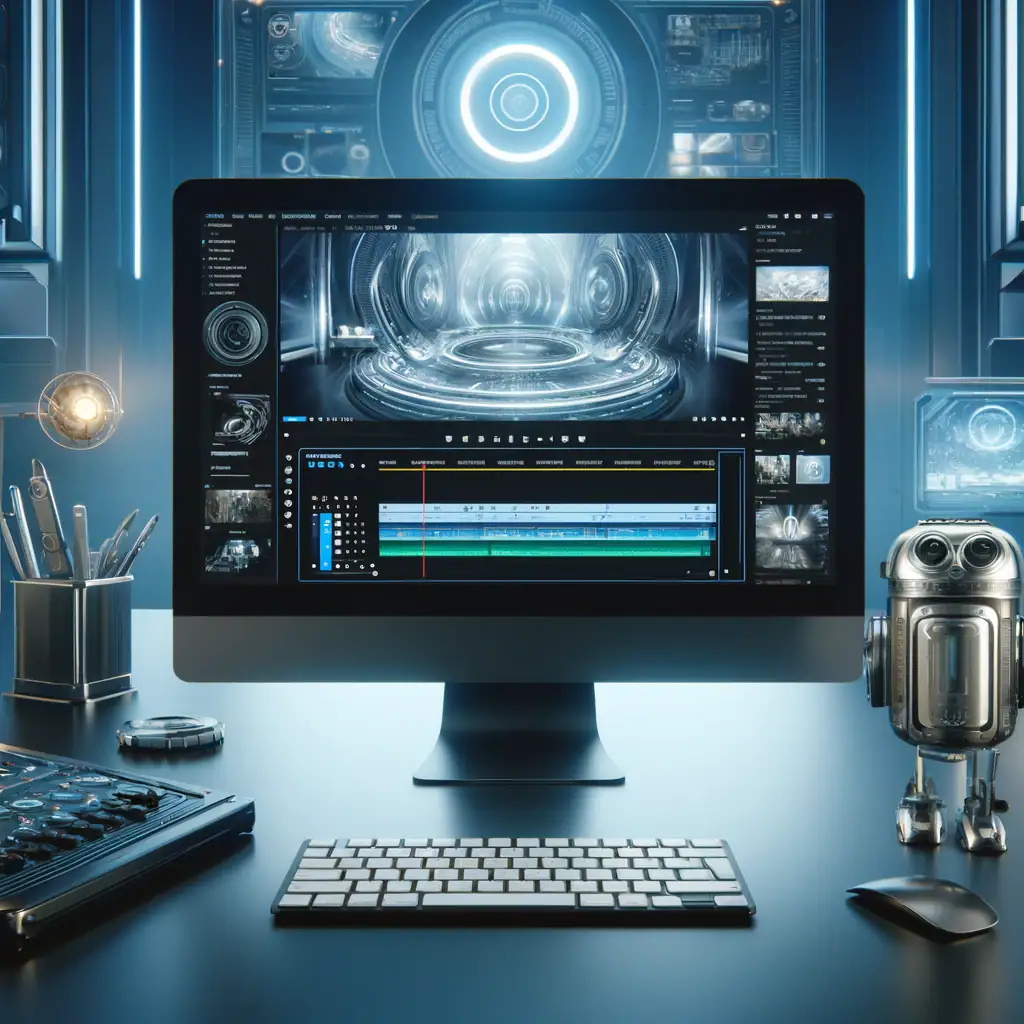 A sleek workspace featuring a computer with holographic digital interface.