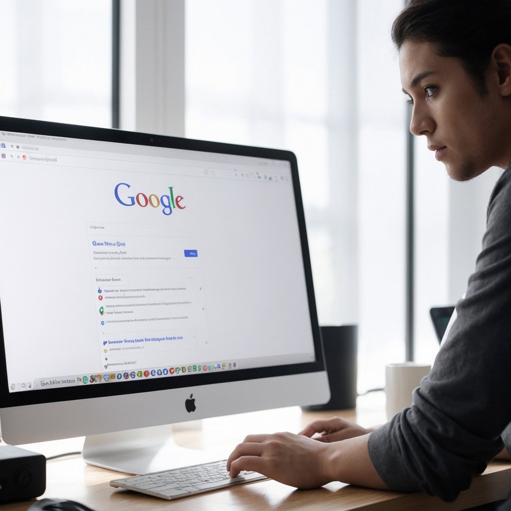 Man using iMac to search Google on white background.