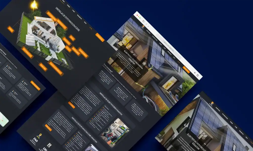 A contemporary house with solar panels and electrical installations showcased on website screens.