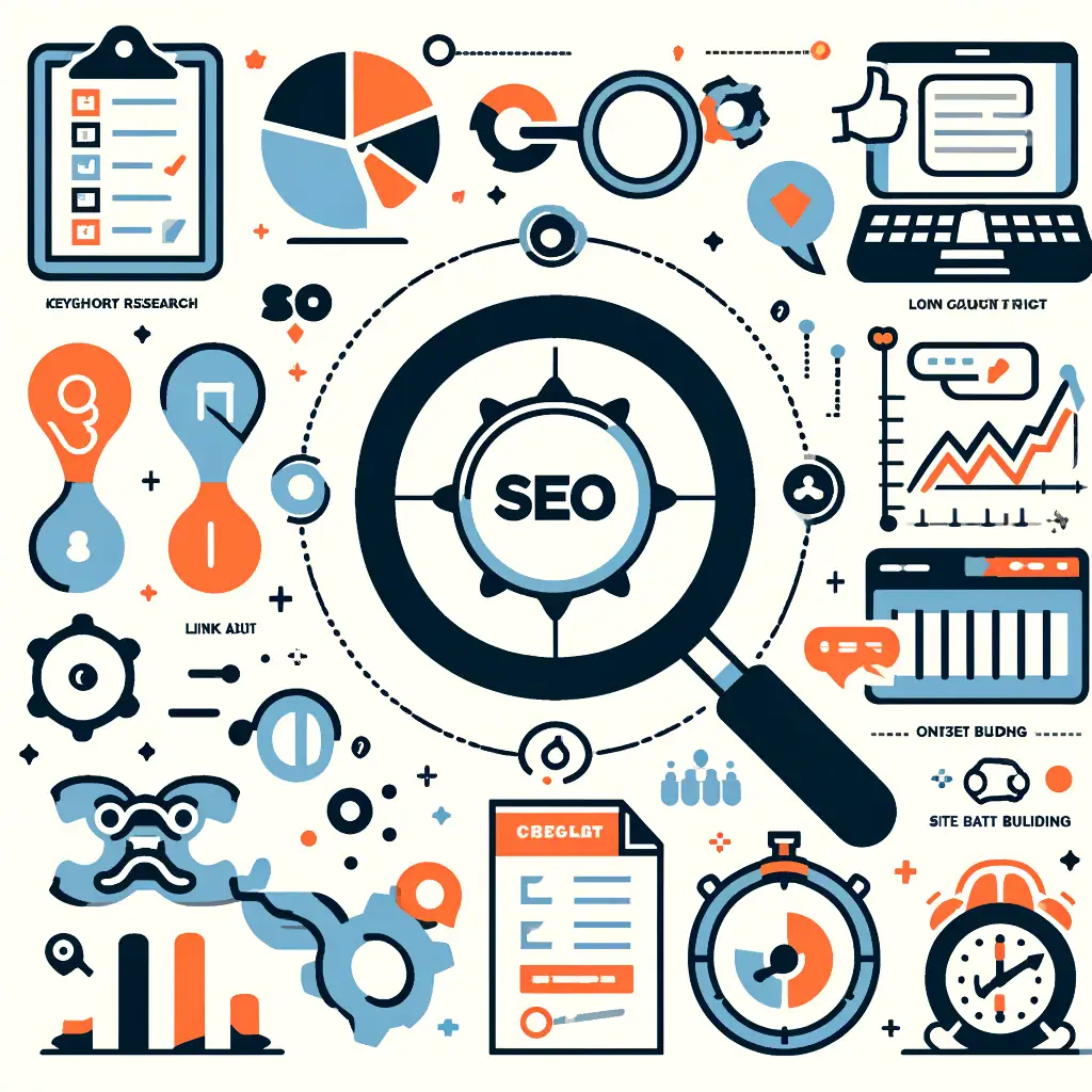 A colourful digital illustration featuring SEO icons like graphs, magnifying glass, gears, and charts.