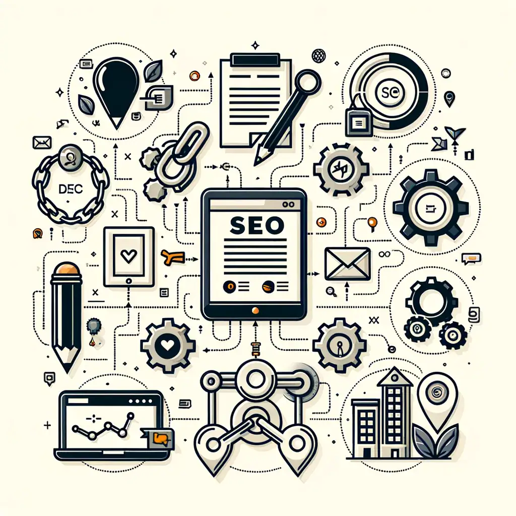 Illustration of SEO strategies and digital marketing tools for WordPress and WooCommerce.