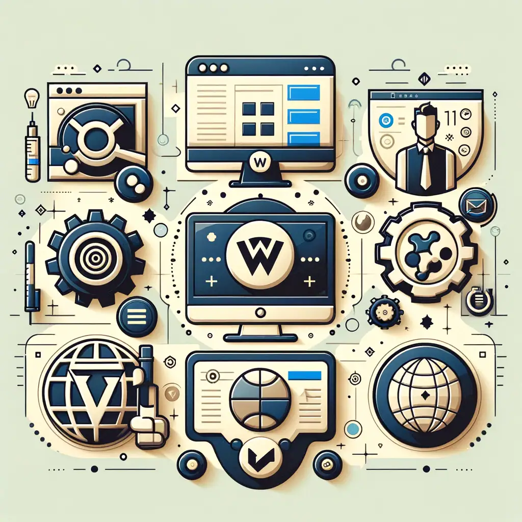 Illustration of SEO and e-commerce website elements for WordPress and WooCommerce.