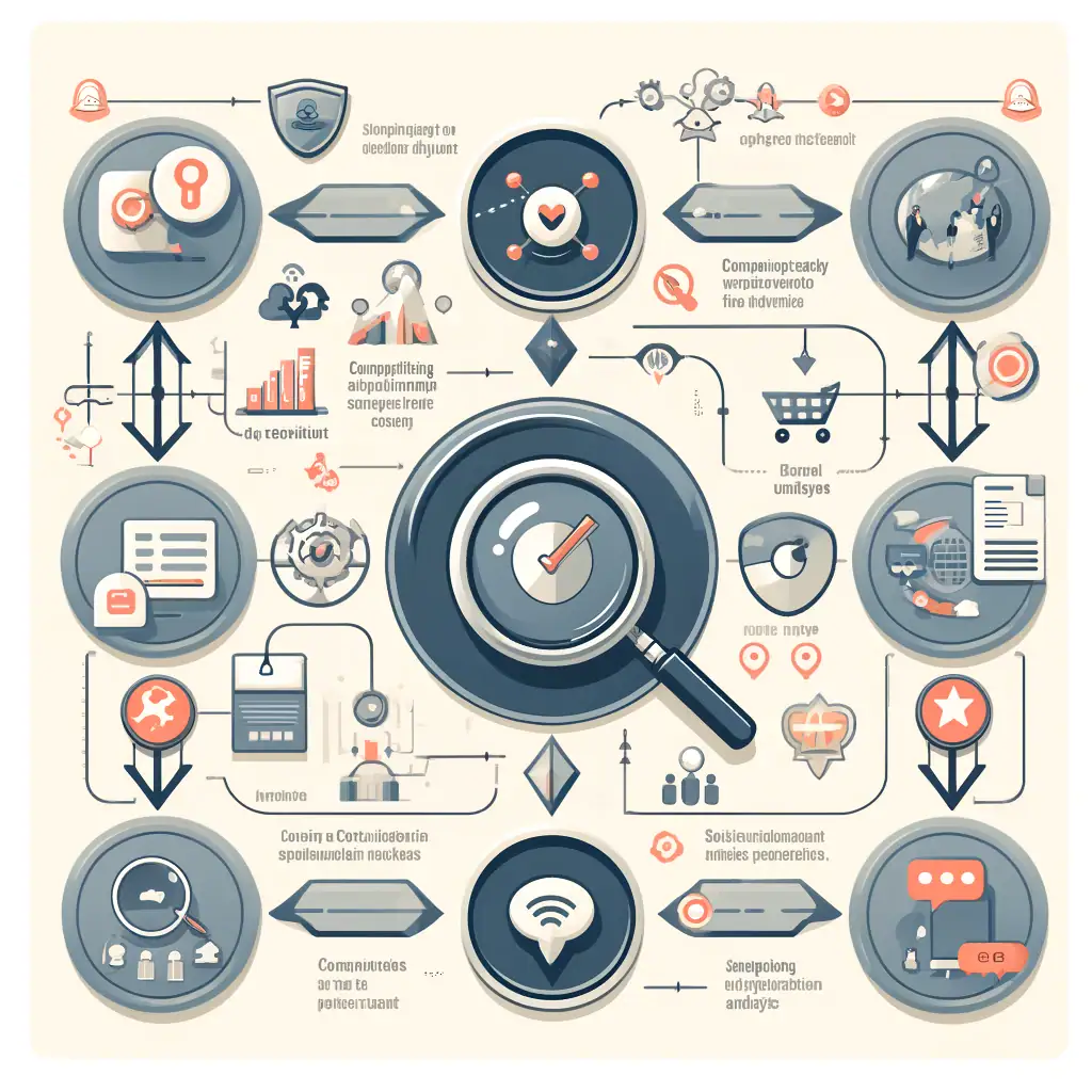 Magnifying glass over central icon.