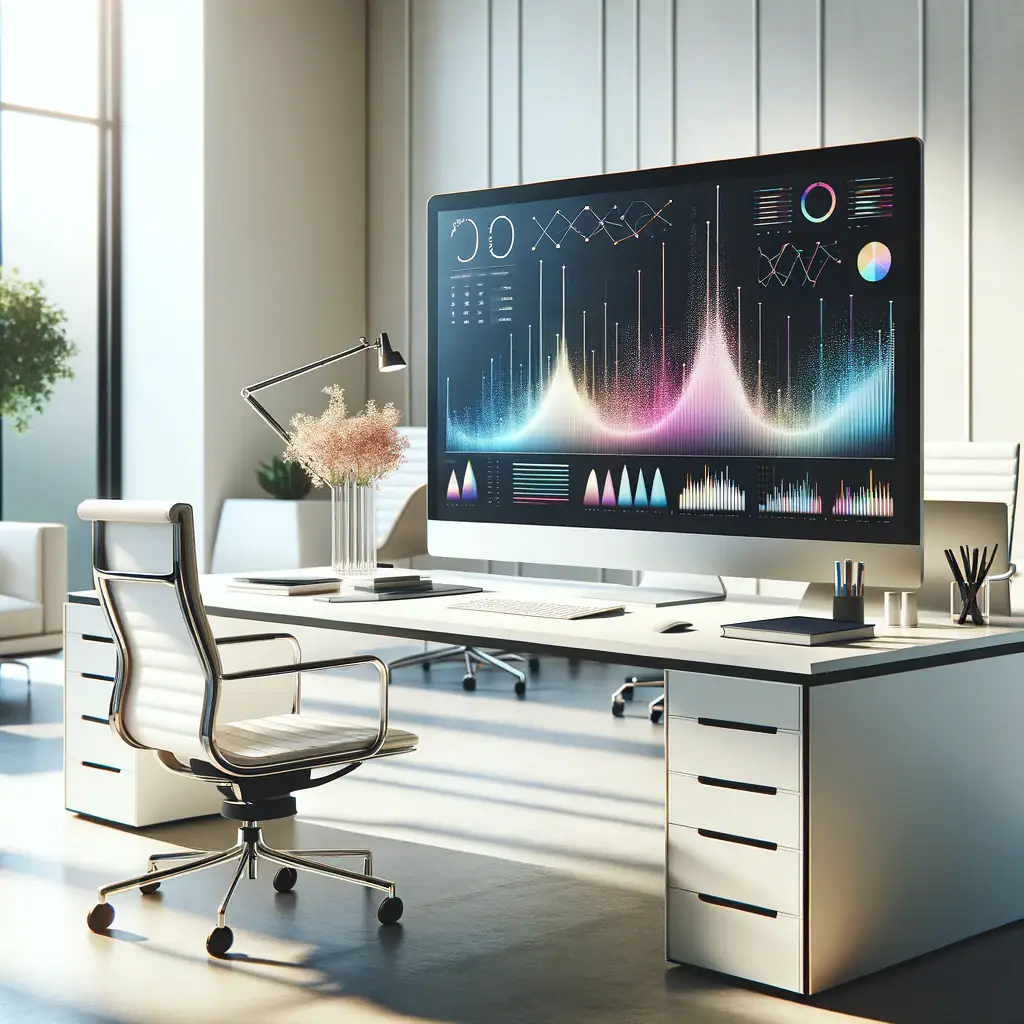 A modern office workspace with a digital data analytics display on a large monitor.