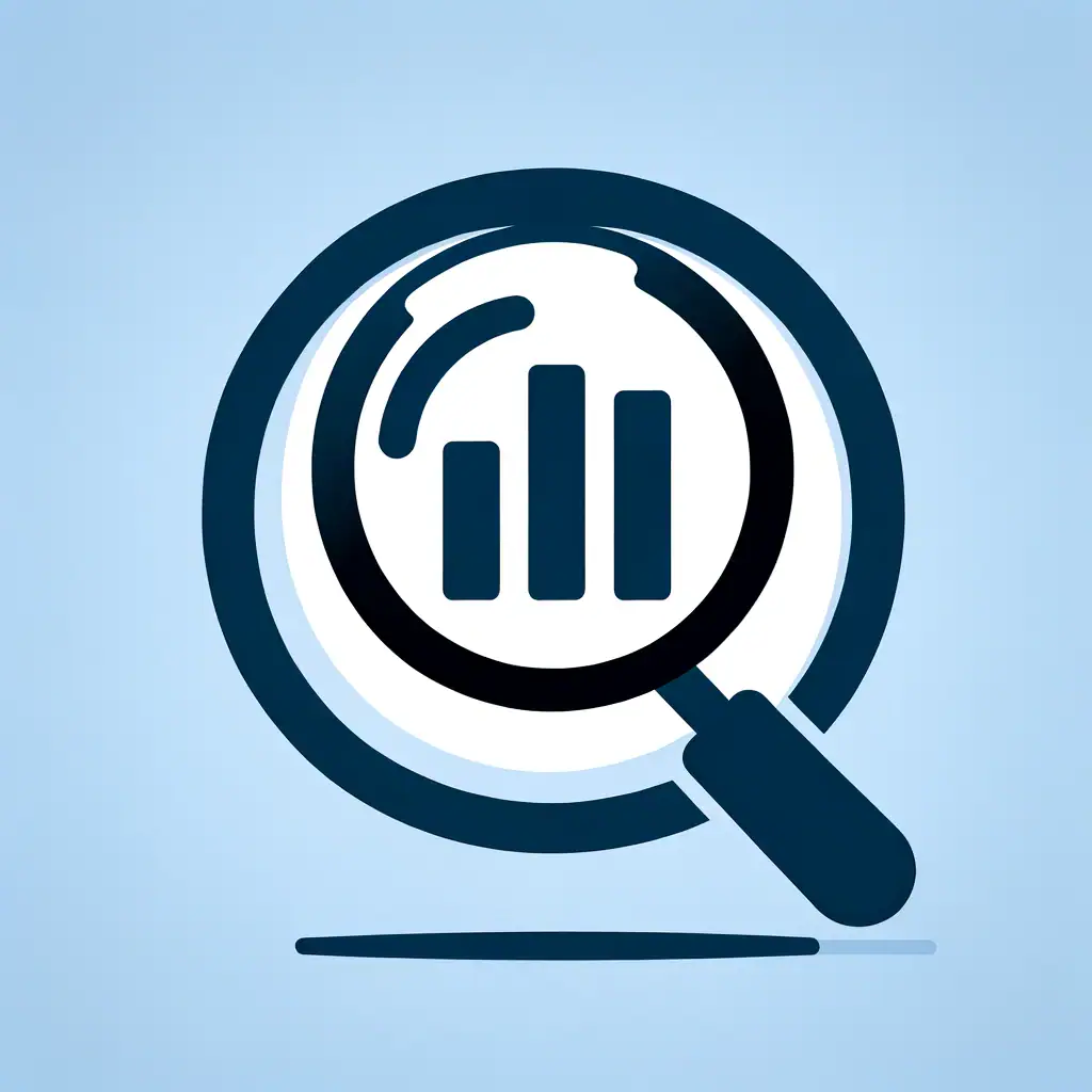 An illustration of a magnifying glass focusing on a bar chart representing analytics.