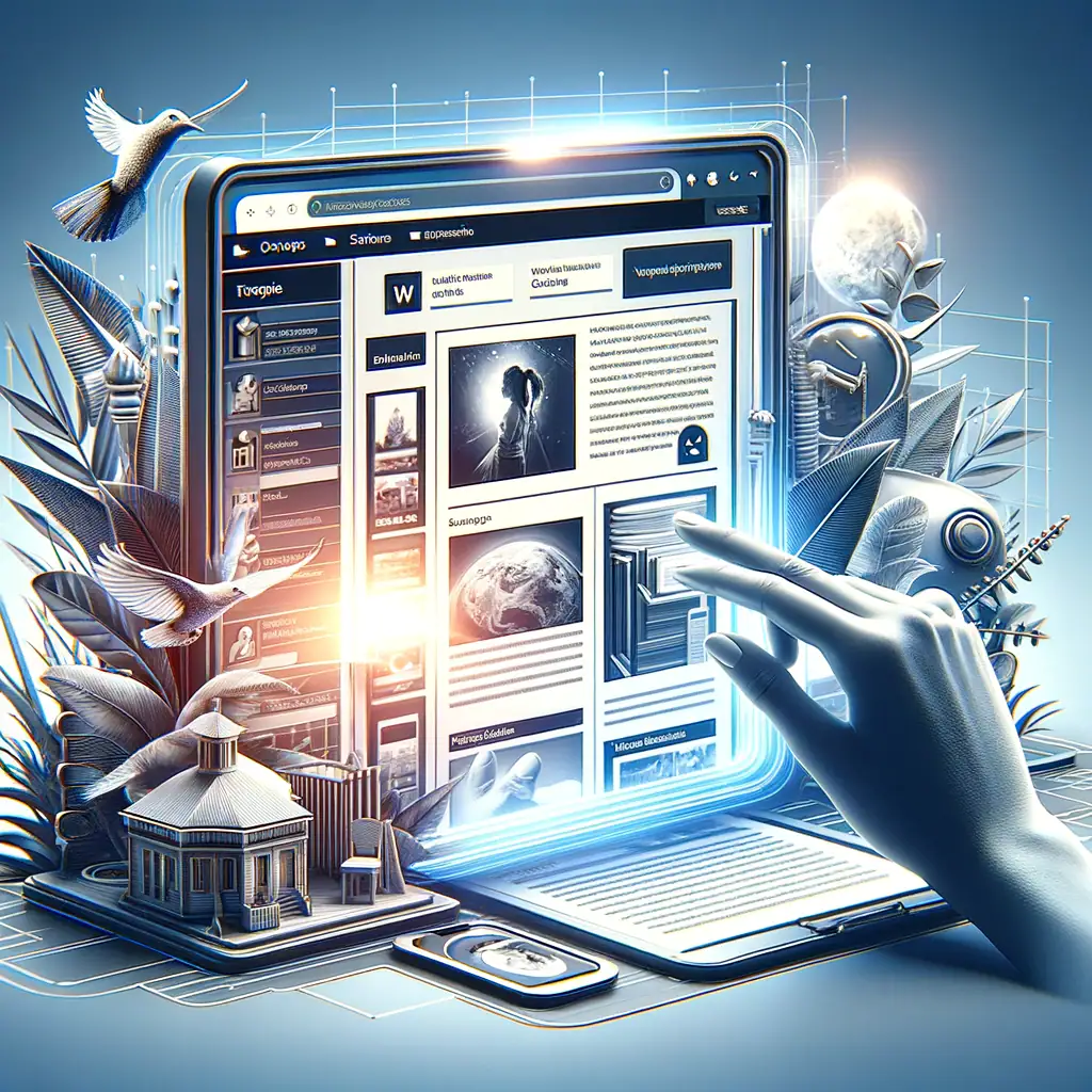 A futuristic digital workspace showing a webpage on a large transparent screen, surrounded by plants, birds, and celestial objects.