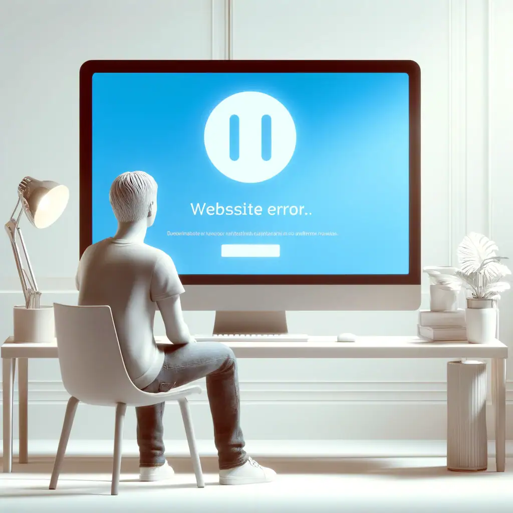 Website error, computer screen displaying a blue error message with pause icon.
