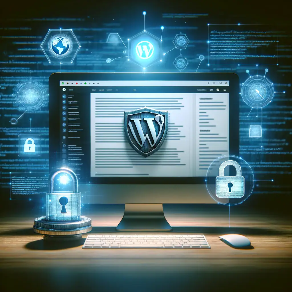 Secure WordPress website protected with digital security icons and technology graphics.