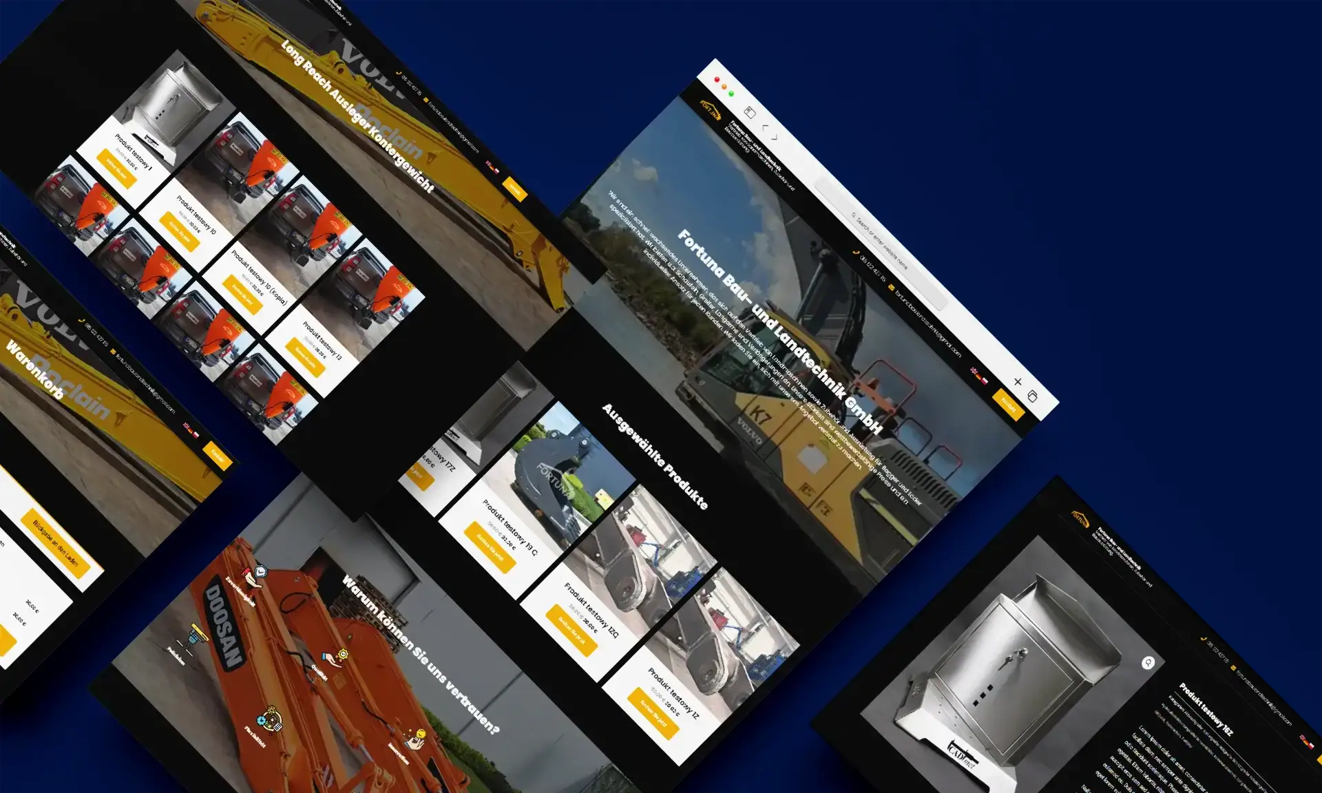 Product images of industrial equipment, construction machinery, and related accessories on a professional web page.