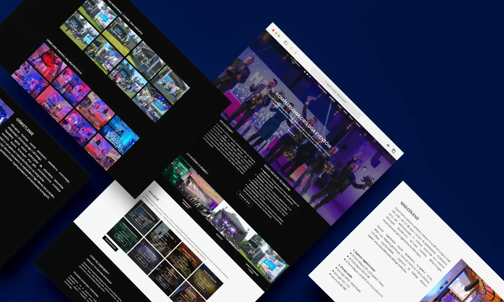 A website display with event staging, lighting, and technical support visuals.