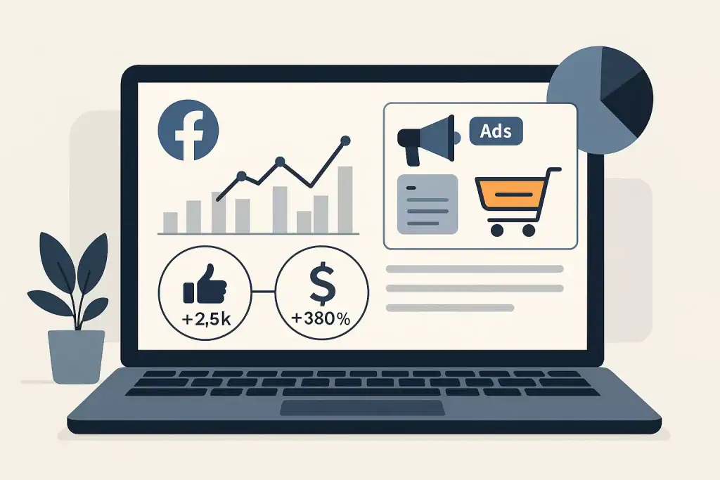 Laptop displaying Facebook marketing and online shopping graphics, including charts, social media icons, and ad representations.