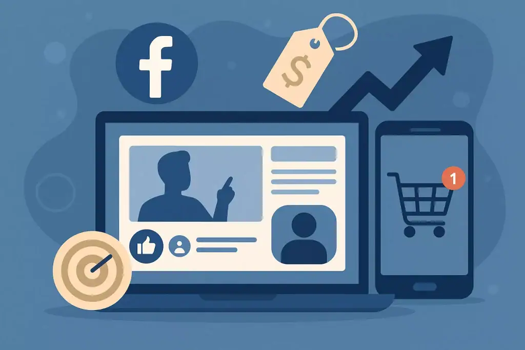 Social media marketing concept with laptop and smartphone, showing shopping cart and growth arrow.
