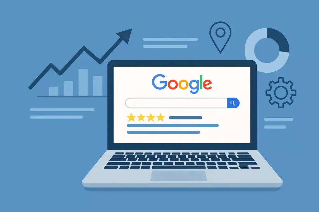 Laptop displaying Google search page and analytics icons.
