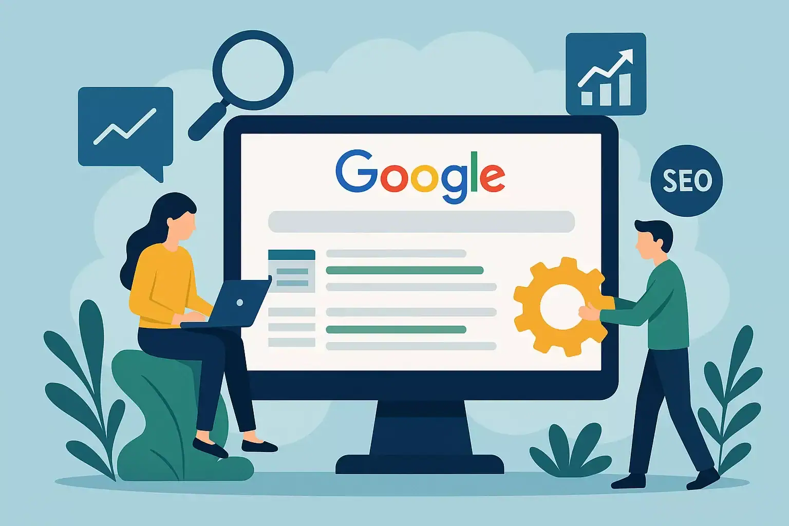 Magnifying glass, graph icons, and SEO label surrounding a large monitor displaying Google search results.