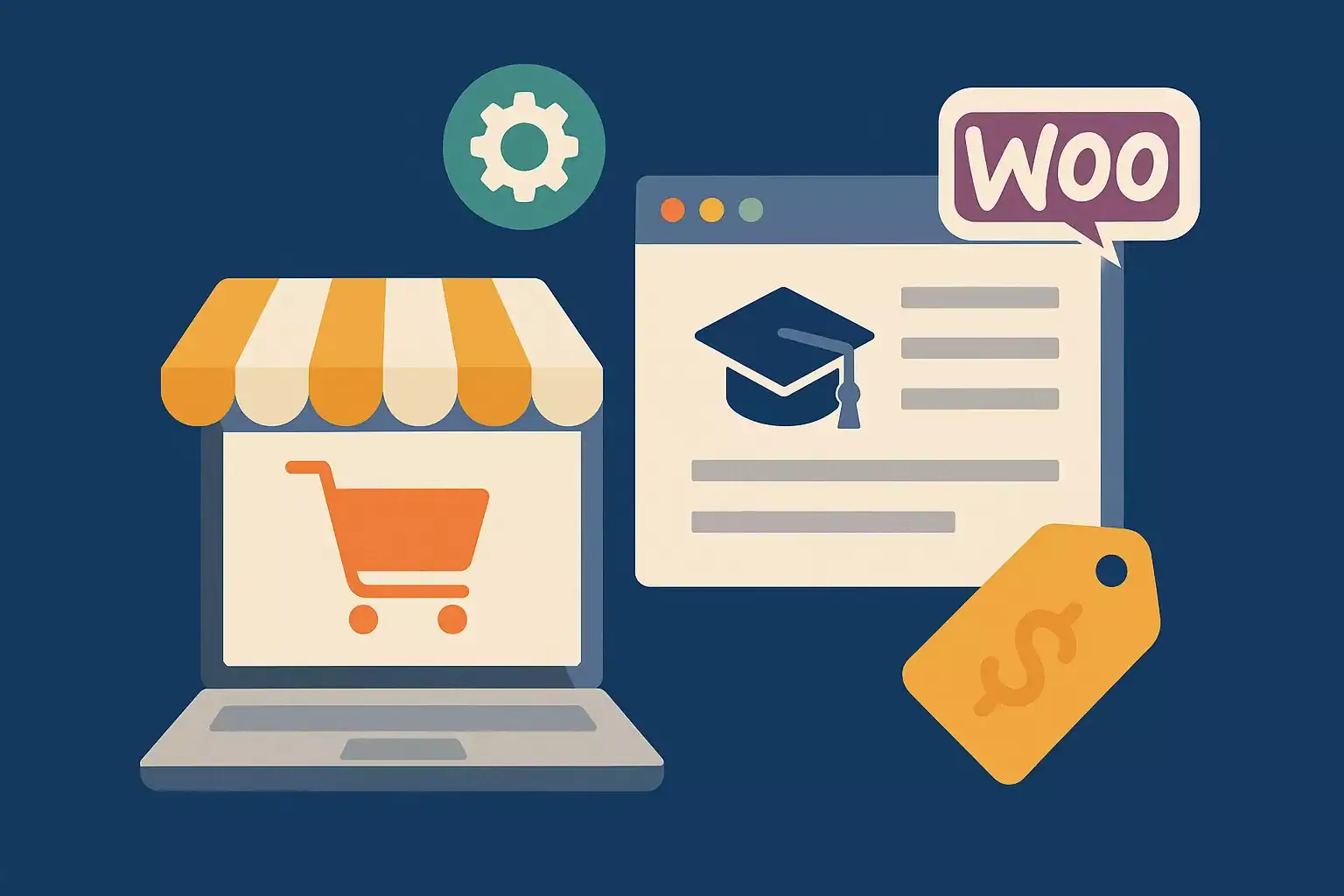 Computer screen with shopping cart icon, WooCommerce logo, and price tag illustration on dark blue background.