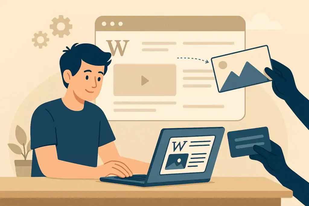 Illustration of a person working on a website with a laptop and shared images.