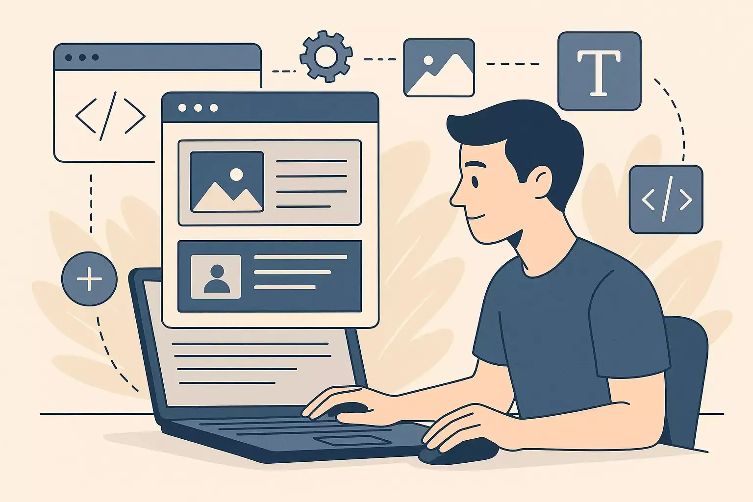 An illustration of a person working on website design with coding and image elements around.