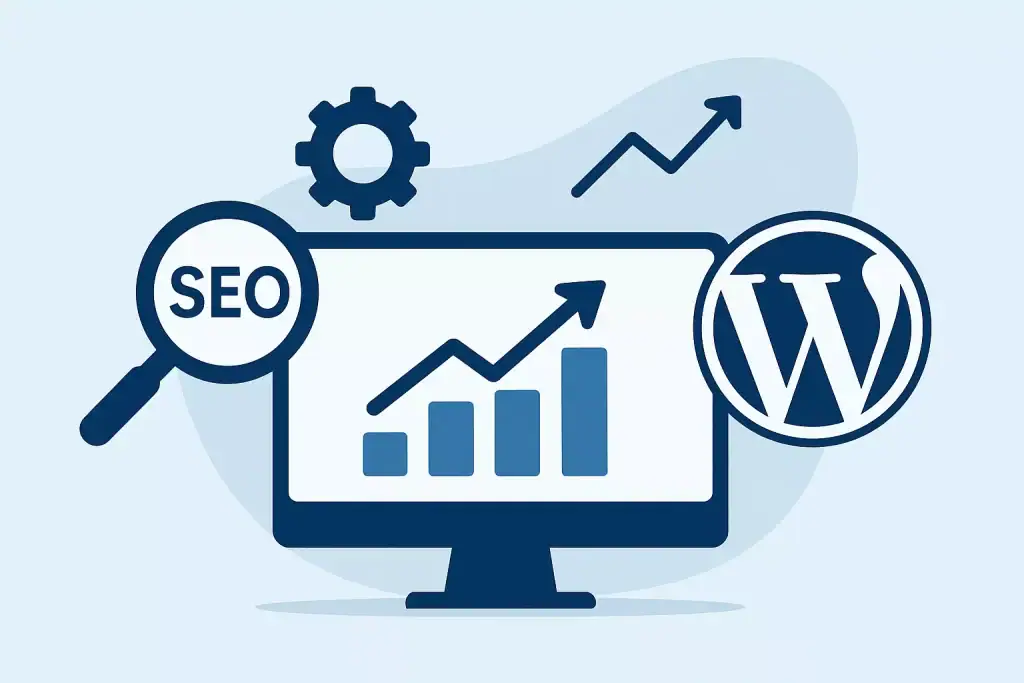 Magnifying glass over "SEO" with growth charts on screen, gear icon and WordPress logo in blue.