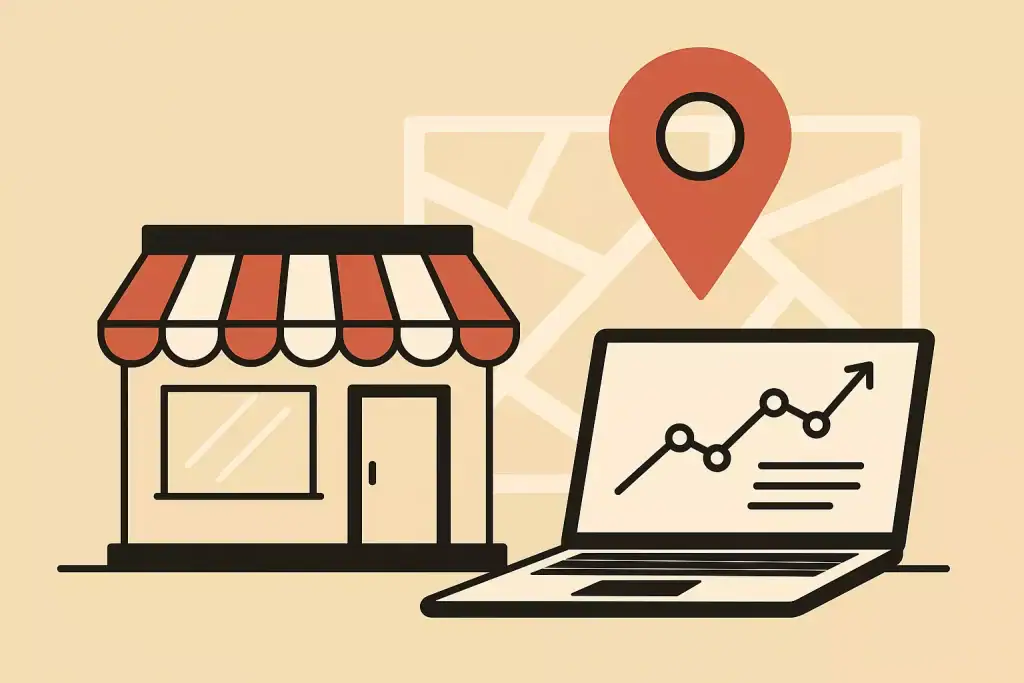 Shopfront and digital graph with search pin and upward trend line.