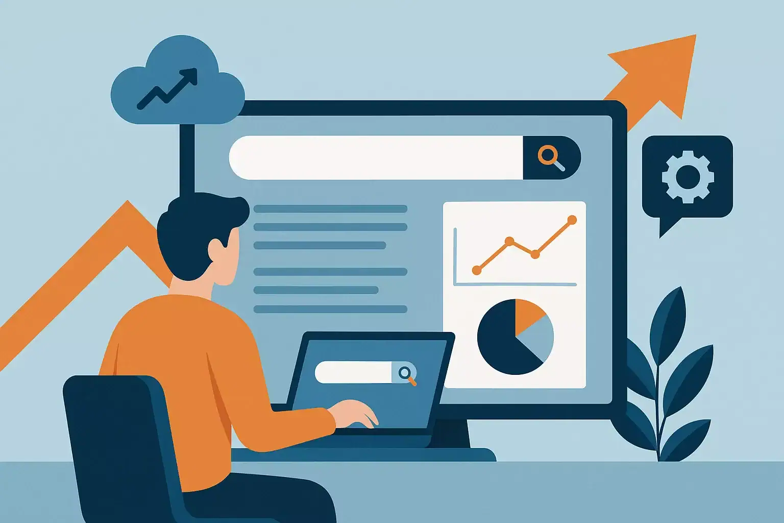An illustration of a person analysing SEO data on a computer with graphs and search icons.