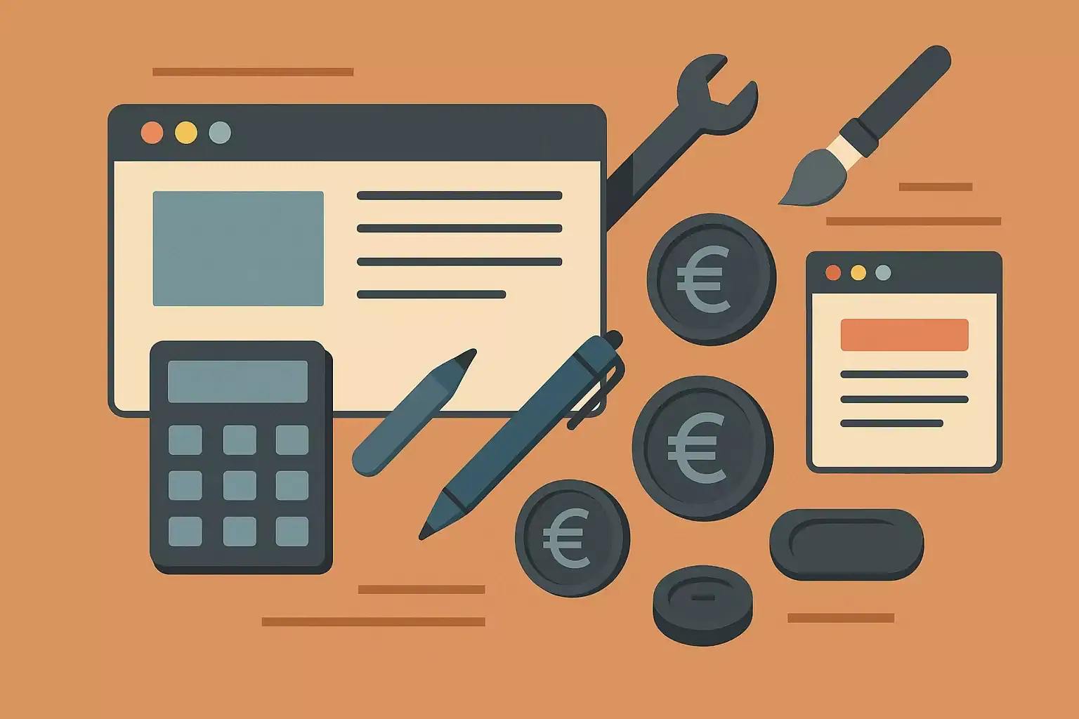 A flat design illustration featuring website and financial tools, including a web page, calculator, pens, and euro coins.