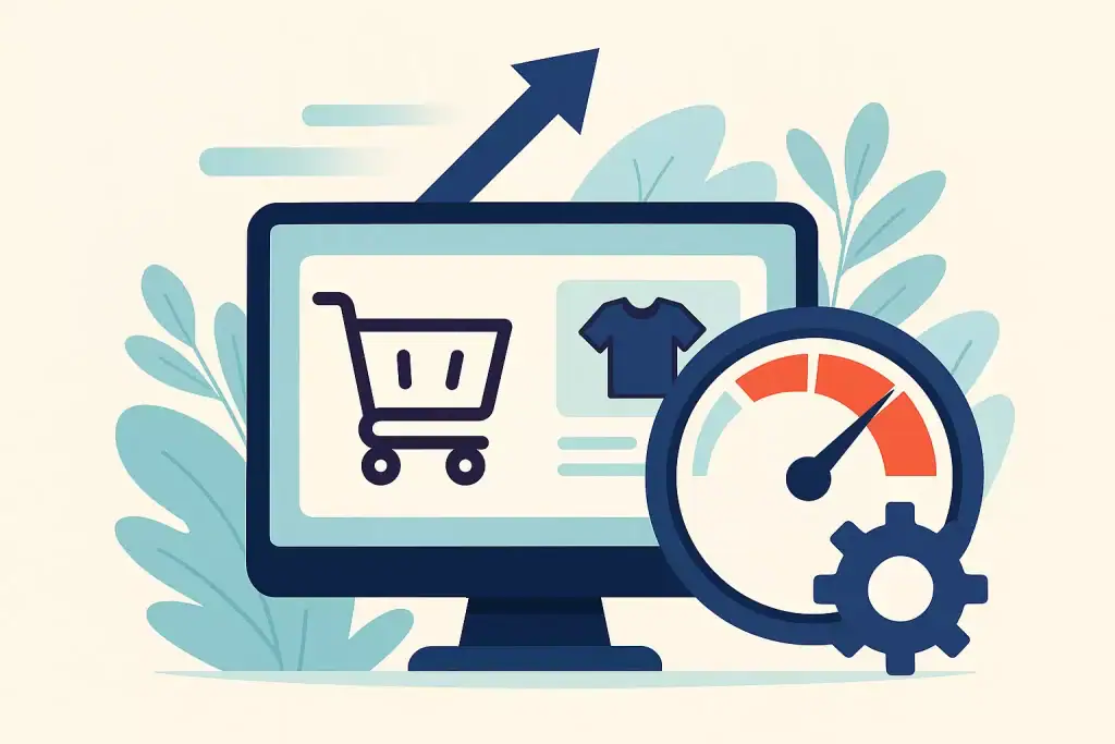 Illustration of online shopping metrics and website performance indicators.