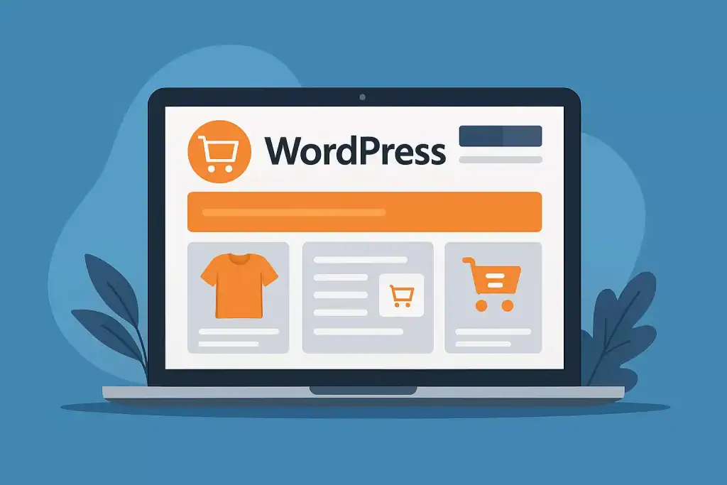 Alt text: Illustration of a WordPress-based e-commerce website displayed on a laptop, showcasing product listings and shopping cart icons.