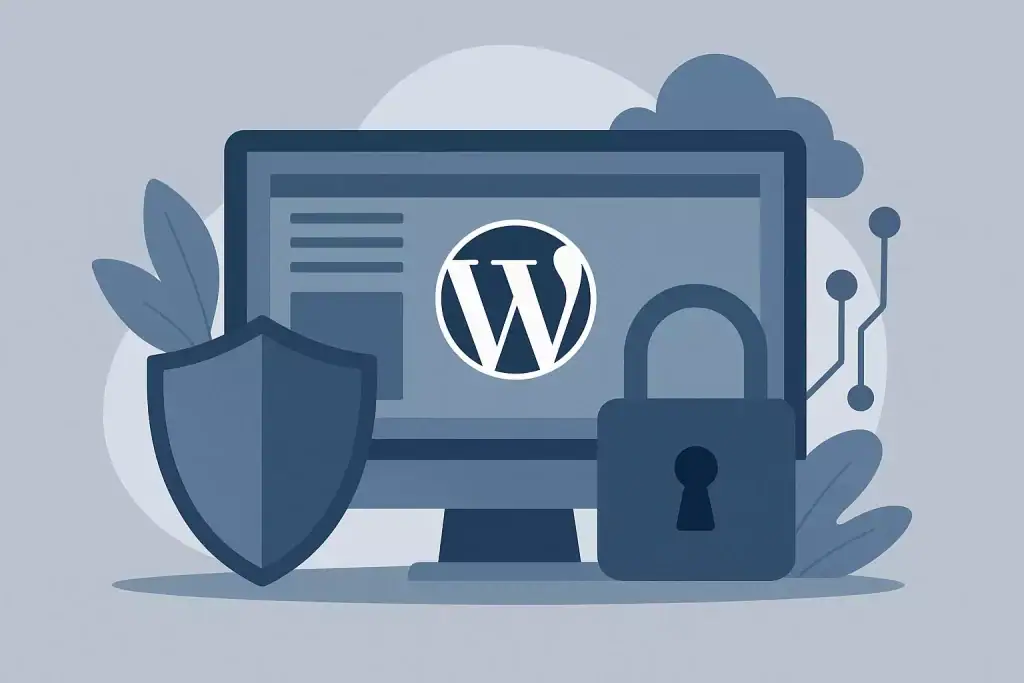 A computer screen displays a WordPress logo, shield, and lock symbol, indicating website security and protection.