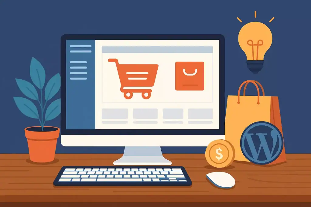 Desktop computer displaying an online shopping website with a cart icon.