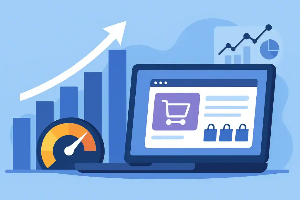 A laptop shows an online shop page with shopping cart icon.