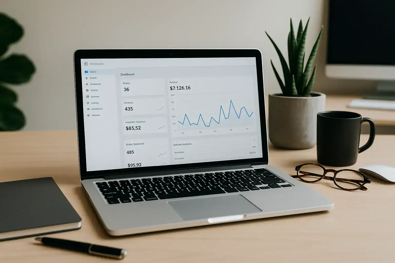 Laptop screen showing dashboard with graphs and data metrics.