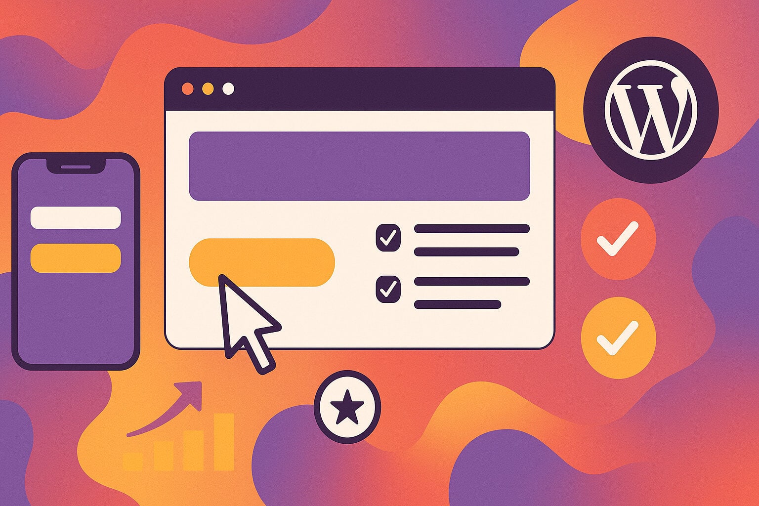 Stylised illustration of a web page and mobile device showing a checklist, with WordPress logo and checkmarks.