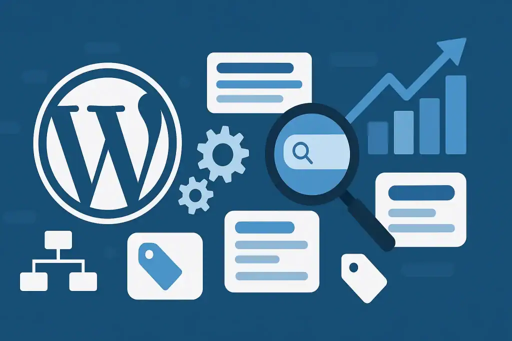 Magnifying glass over WordPress logo with gears and analytics.
