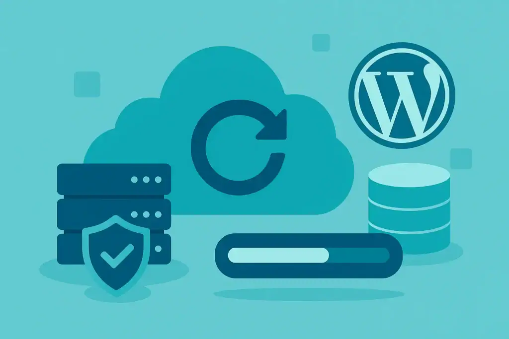 Cloud computing with arrows and WordPress logo.