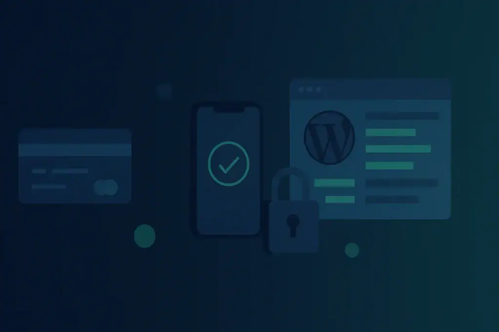 Mobile device displaying a verification checkmark alongside digital security and website elements.