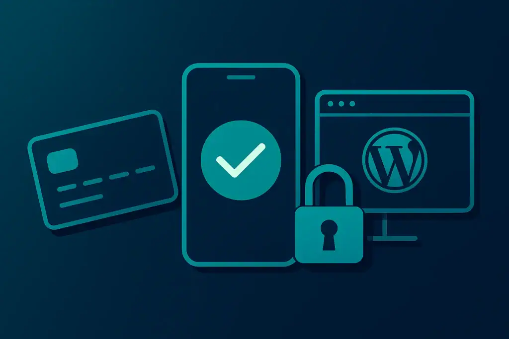 Lock and checkmark on smartphone with website and credit card icons.