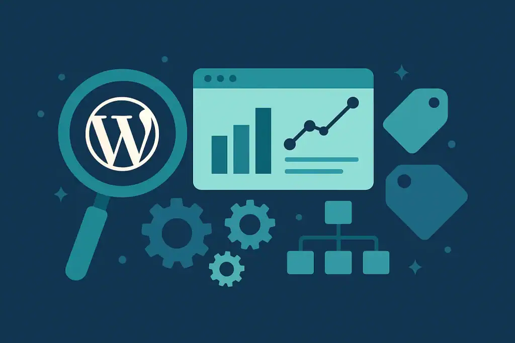 Magnifying glass over WordPress logo with gears and analytics.
