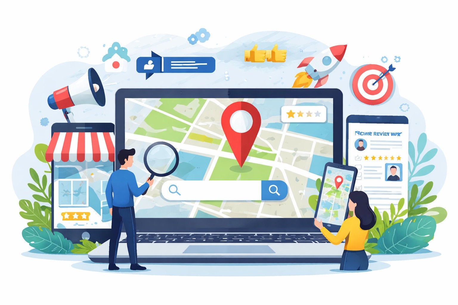 Map location on laptop screen with mobile devices displaying local business and reviews.