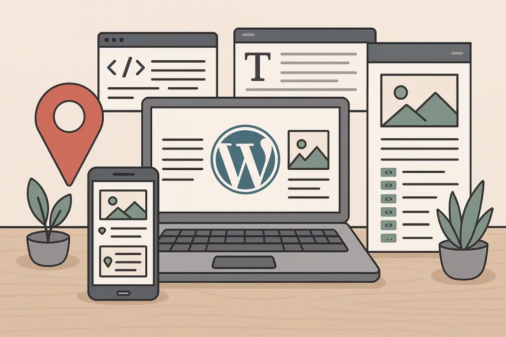 An illustration of WordPress on a laptop, mobile, and various browsers with images, text, code, and location pin.